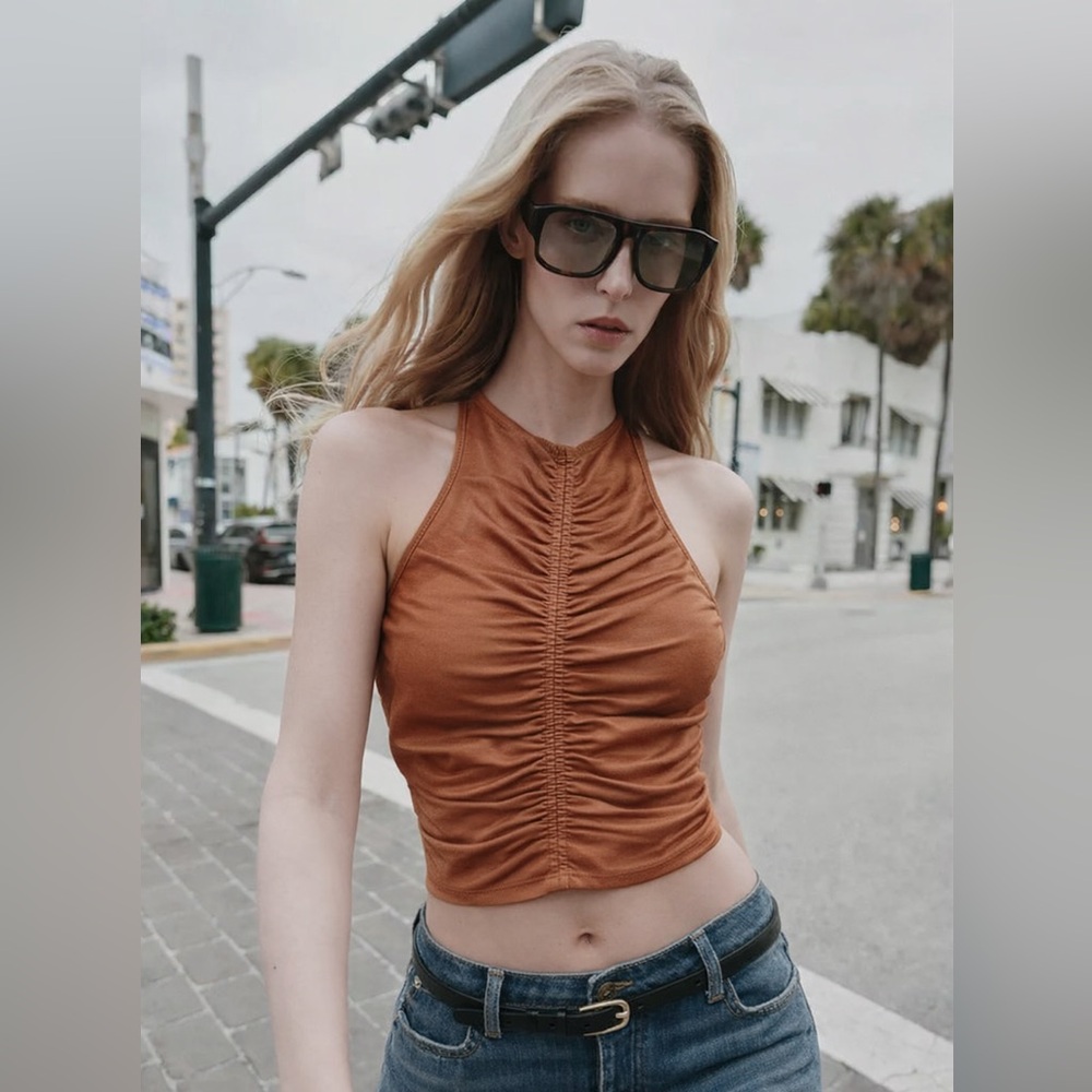 Dynamite Rust Brown Ruched Halter Crop Top - Picture 9 of 9